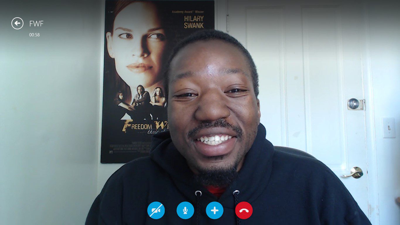 Original Freedom Writer Calvin Williams III gives a video chat.